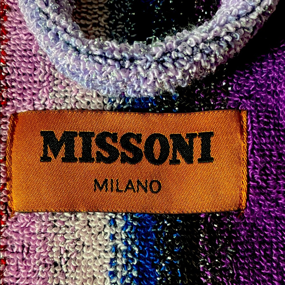Missoni Textured full-length, hooded robe with Purple, Red & metallic Accents.